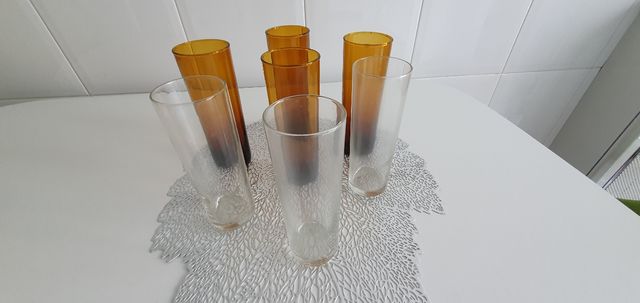7 Vasos tubo de cristal âmbar e transparentes