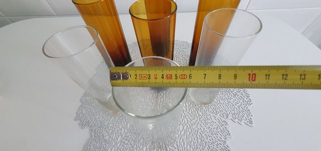 7 Vasos tubo de cristal âmbar e transparentes