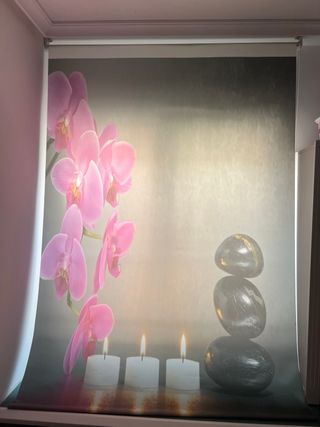 Estor enrollable - gris y rosa