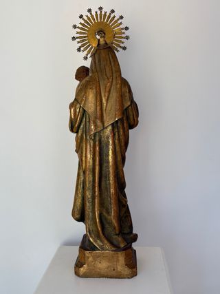 Escultura Virgen con Niño - Madera Dorada 63 cm