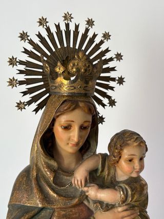 Escultura Virgen con Niño - Madera Dorada 63 cm