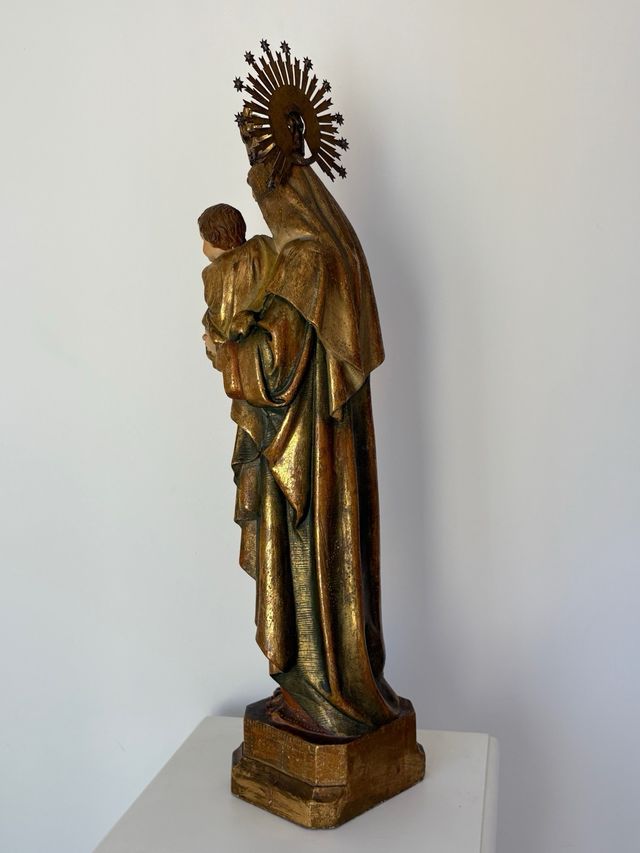 Escultura Virgen con Niño - Madera Dorada 63 cm