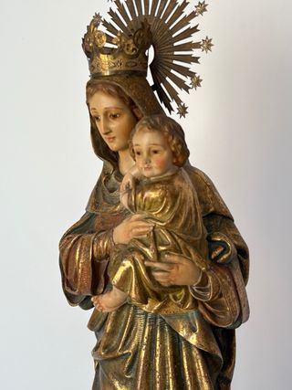 Escultura Virgen con Niño - Madera Dorada 63 cm