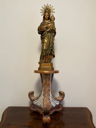 Escultura Virgen con Niño - Madera Dorada 63 cm