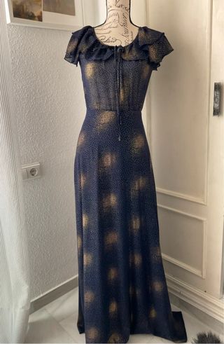 Vestido largo azul y dorado