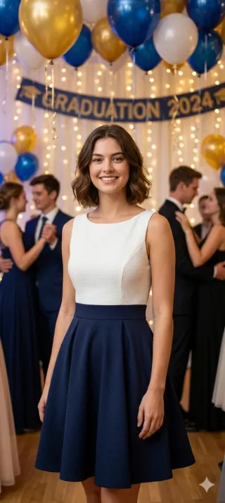 Vestido fiesta mujer blanco y azul.