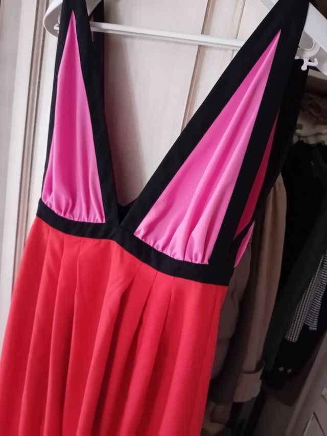 Abito lungo cerimonia rosa e rosso con 2 spacchi d