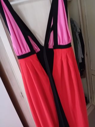 Abito lungo cerimonia rosa e rosso con 2 spacchi d