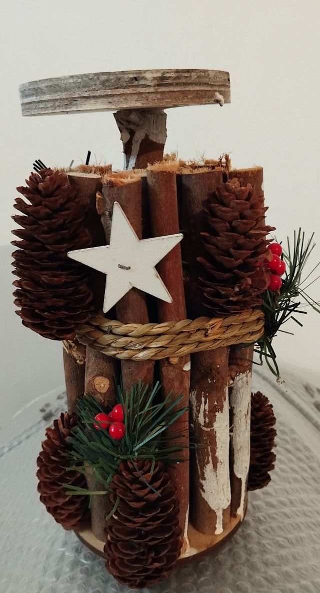 Portacandela Natale legno bianco marrone