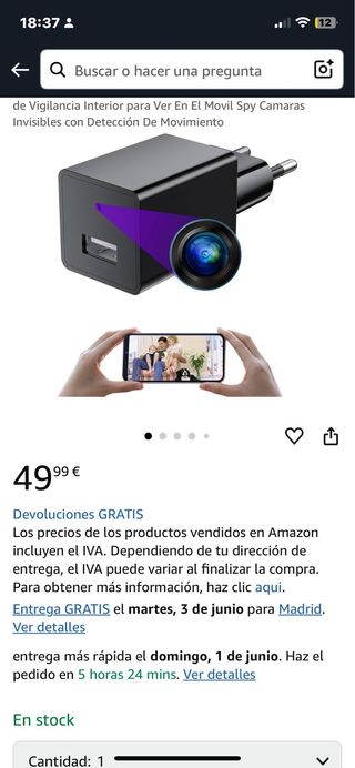Mini cámara espía oculta enchufe 1080p