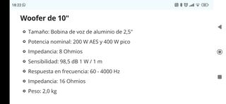 Altavoz Woofer 10 pulgadas 200w nominal