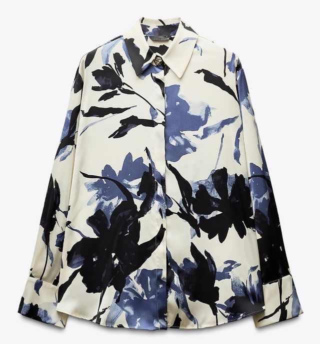 Camisa Zara satinada azul y blanca - Talla L