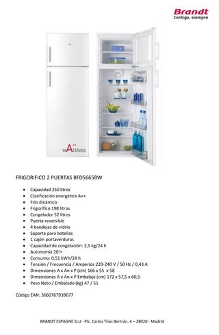 Nevera Brandt A++ 250L