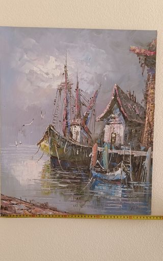 Cuadro óleo barcos antiguo