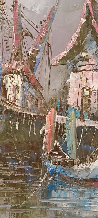 Cuadro óleo barcos antiguo