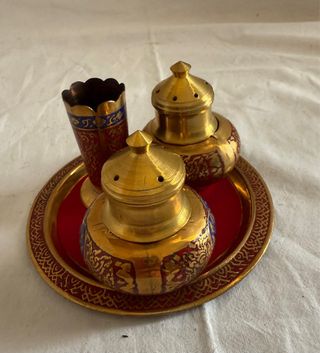 Salero, pimentero,palillero y bandeja mesa vintage