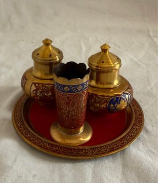 Salero, pimentero,palillero y bandeja mesa vintage