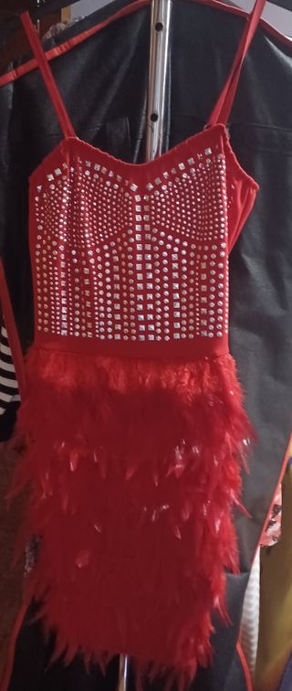 Vestido rojo fiesta talla 40-42
Tachuelas y plumas