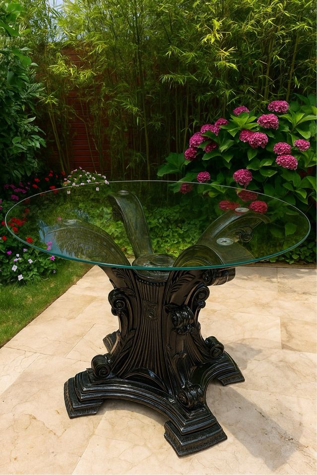 Mesa centro fibra de poliéster y cristal. Pedestal