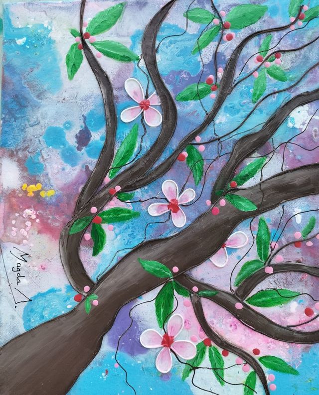 CUADRO EN ACRÍLICOS "CEREZO EN FLOR EN JAPÓN"