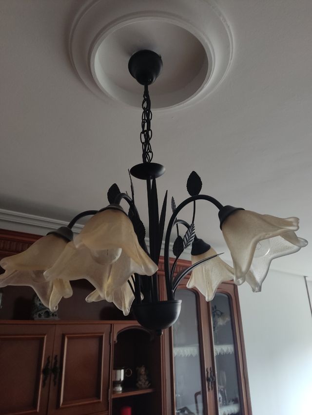 Lampara forja con 5 tulipas