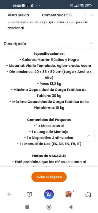 Mesa auxiliar estilo industrial nuevo