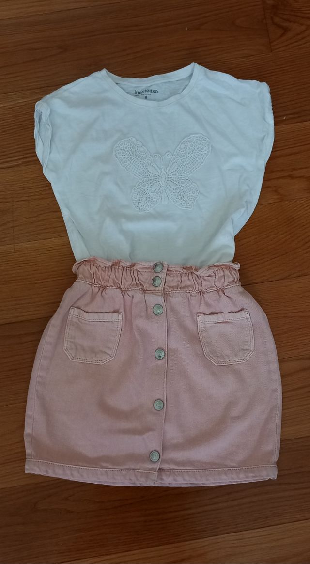Conjunto niña: Falda rosa + camiseta