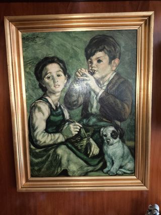 Cuadro niños y perro - Óleo s.XX