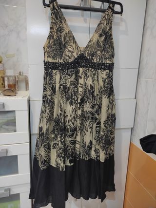Vestido beige y negro estampado