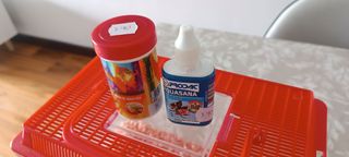 Pecera roja con piedras. También comida y aquasana