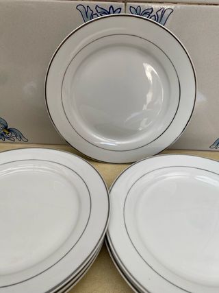 6 Platos Postre - Blanco con ribete plateado