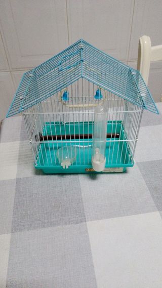 Jaula pájaros azul y blanca