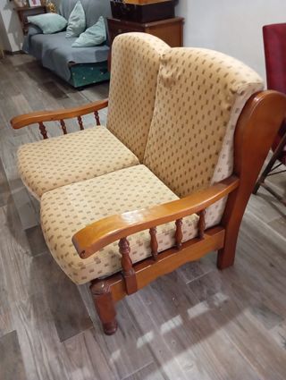 Sofá 2 plazas y sillón madera - beige