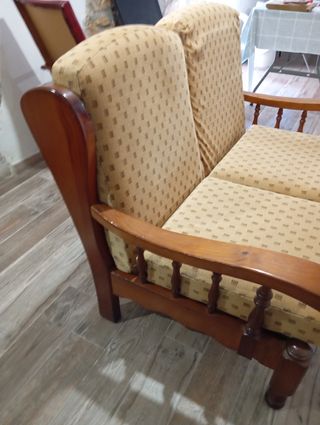 Sofá 2 plazas y sillón madera - beige