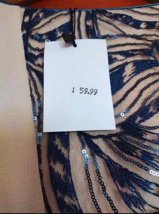 Vestido beige seda nuevo c/cinturón azul