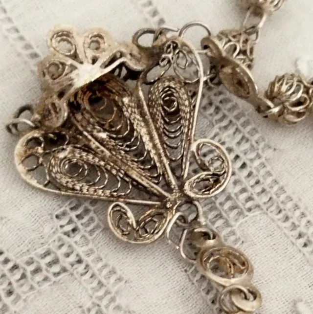 Rosario filigrana plata antiguo.Mantilla