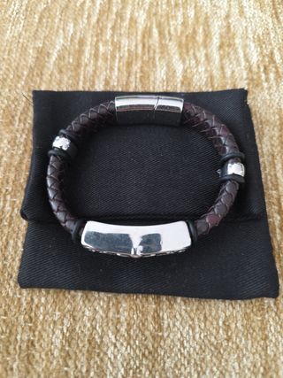 Pulsera cuero marrón plata