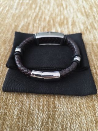 Pulsera cuero marrón plata
