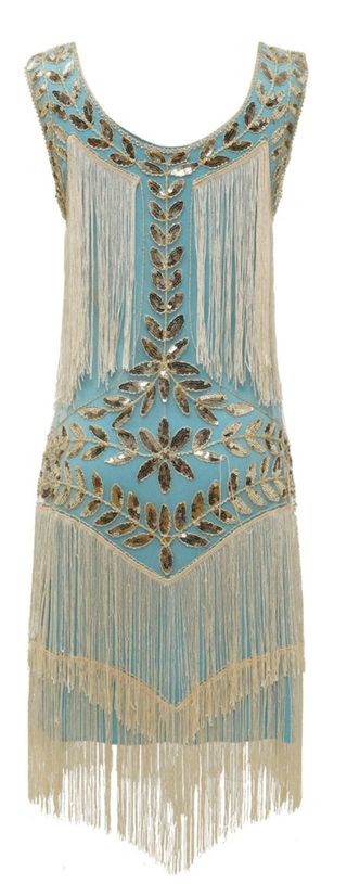 Vestido lentejuelas y flecos. Azul y dorado.
