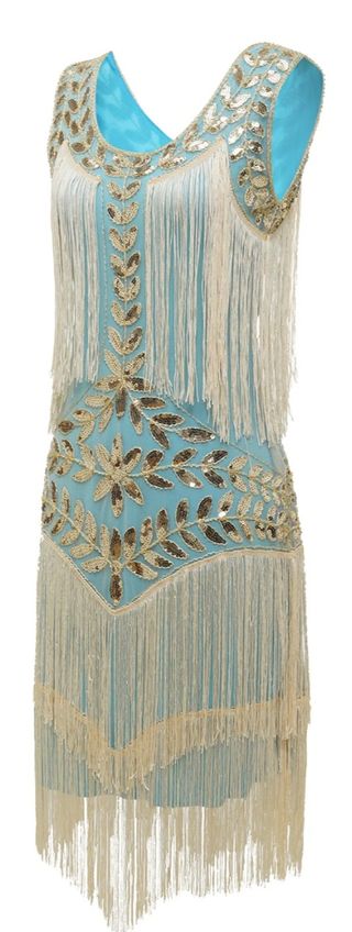 Vestido lentejuelas y flecos. Azul y dorado.