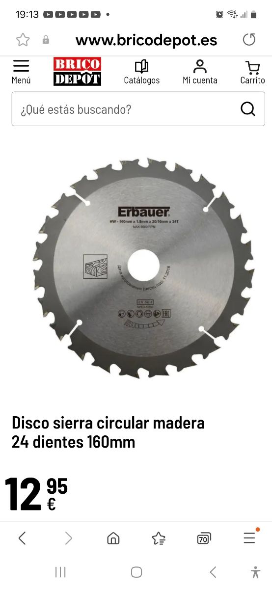 Disco sierra circular madera Erbauer 160mm 24 dien