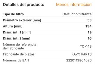 Filtro aceite KAVO TO-148 BMW Mini Toyota