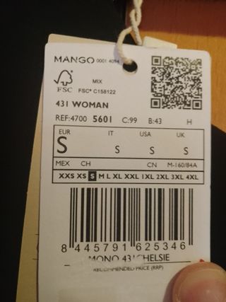 Mono MANGO nuevo con etiquetas, sin mangas.