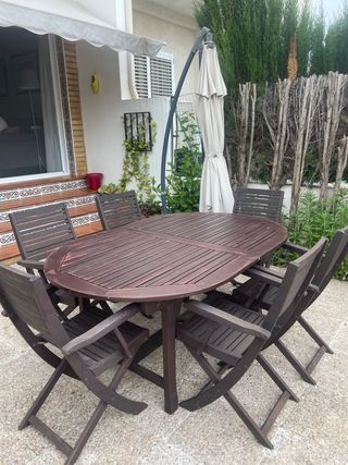 Mesa+sillas jardín madera teka extensible
