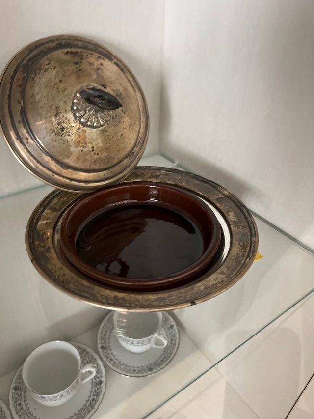 Bandeja Alpaca c/cazuela barro. angulas/gambas