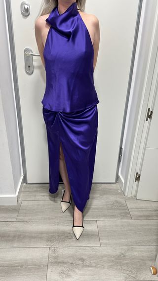 top satén morado fiesta