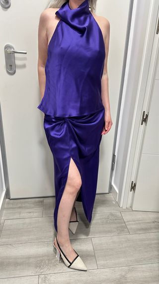 top satén morado fiesta