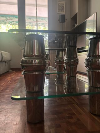 Mesas cristal centro y auxiliar 2 niveles ruedas