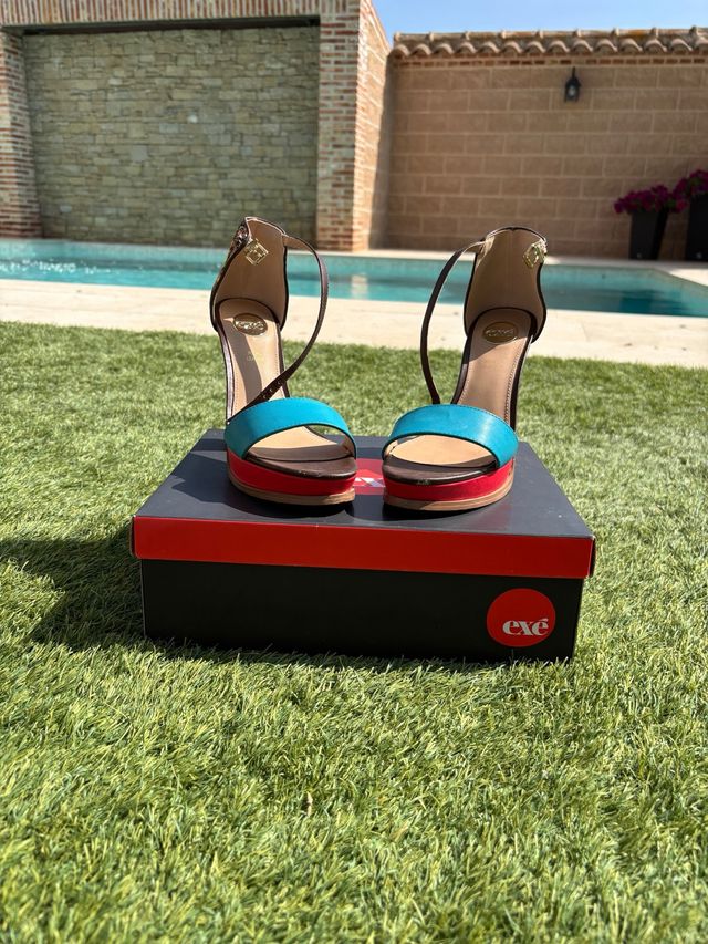 Sandali con tacco Exe turchese-marrone