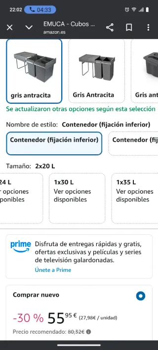 Cubo basura 2 cubetas extraíble gris